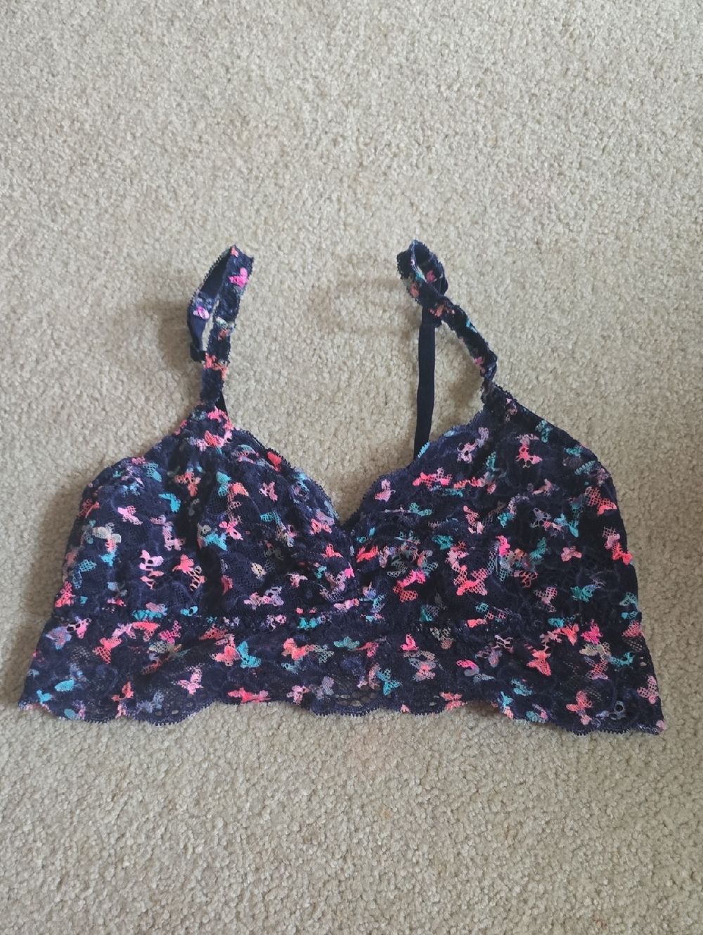 PINK Victoria's Secret Navy Lace Bralette with Neon Butterfly Print